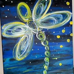Whimsical Yellow and Green Dragonfly Painting